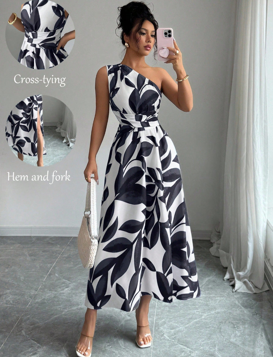 French One Shoulder Leaf Print Waist-Cinching Slit Maxi Dress | Vacation Style Elegant Slimming Tea Dress