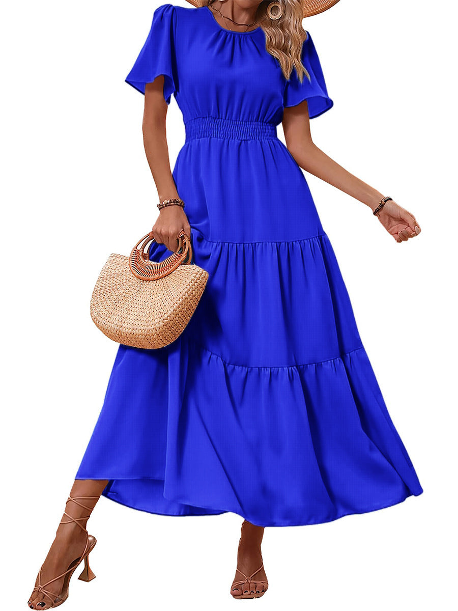 Boho Round Neck Tiered Waist-Cinched Maxi Dress