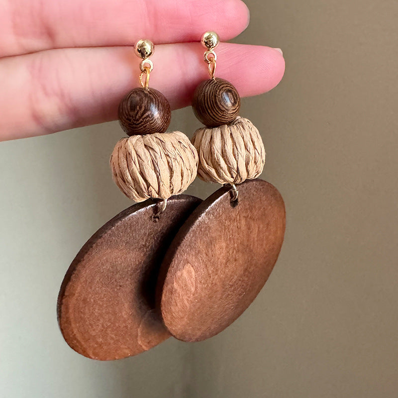 Boho Wood Woven Round Earrings | Vintage Ethnic Style Niche Design Jewelry