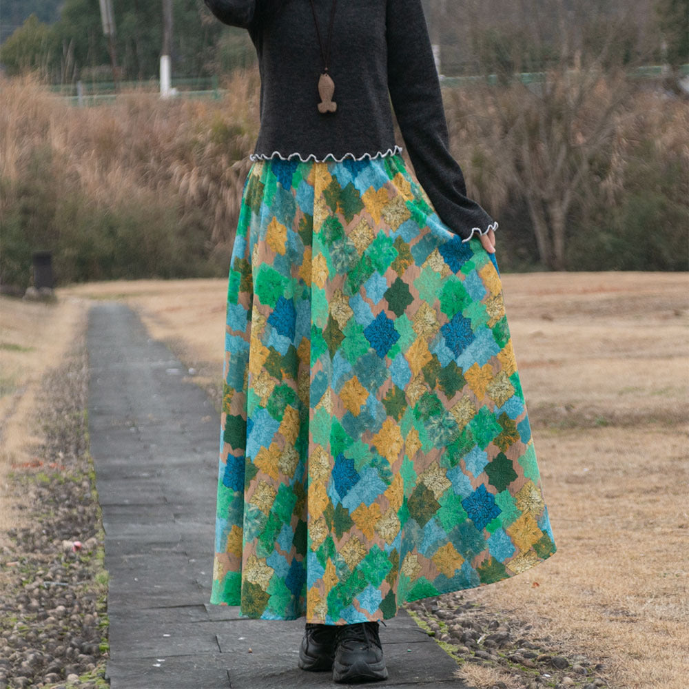 Cotton and linen printed maxi skirt | Retro ethnic style elastic waist midi skirt