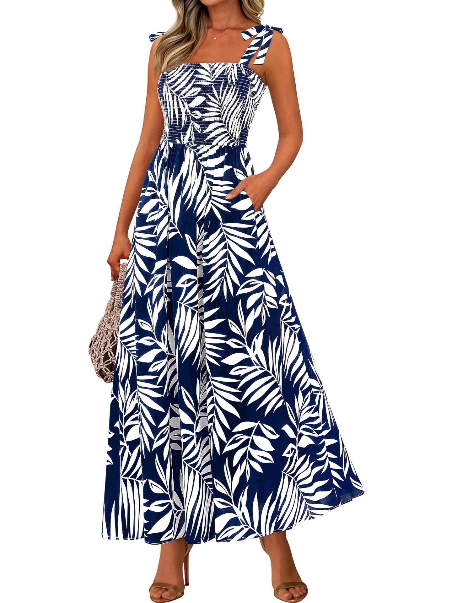 Multi-Color Boho Print Tie-Strap Cami Maxi Dress