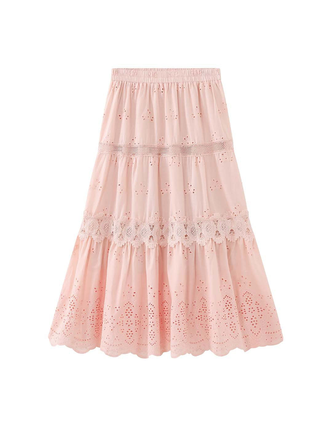Pink Eyelet Lace Tiered Midi Skirt | Vacation Style Elegant A-Line Skirt