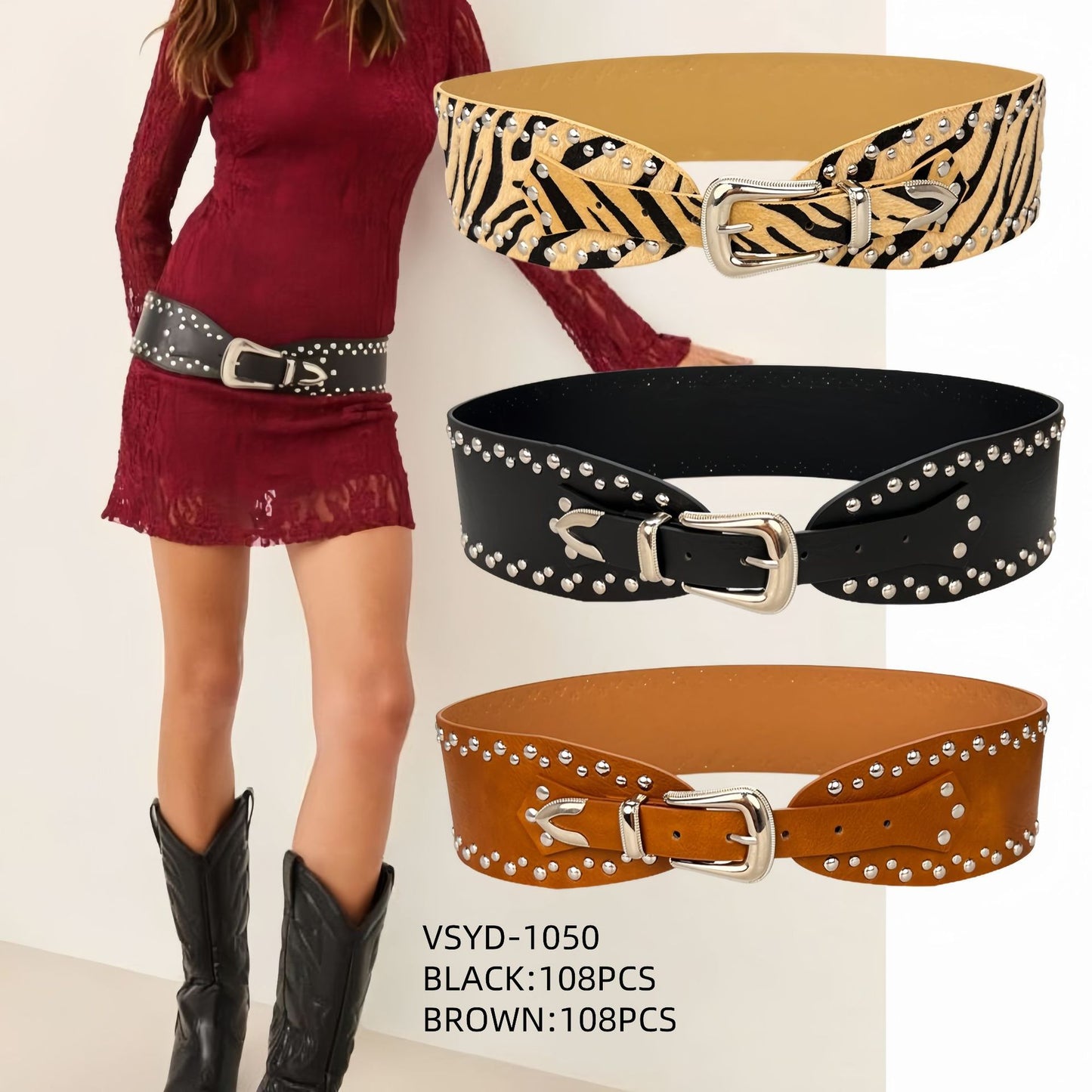 Western Cowboy Style Rivet Wide Belt | Vintage Embossed Zebra Pattern Personalized Leather Belt