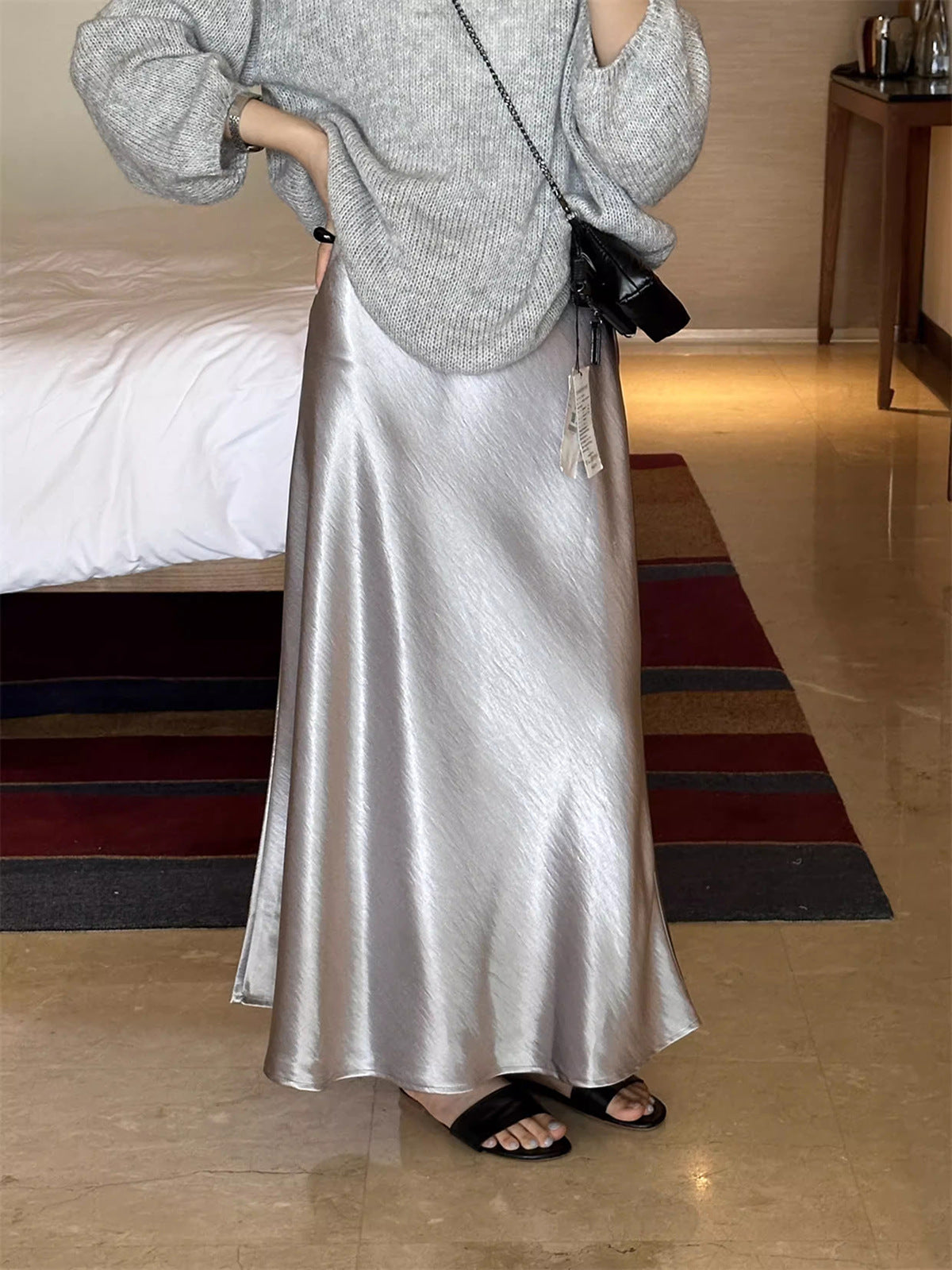 Bohemian Solid Color Satin High Waist Flowy Mermaid Maxi Skirt