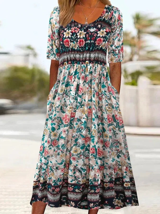 Bohemian Floral V-Neck Half Sleeve Pocket Midi Dress | Vacation Style Loose Maxi Dress