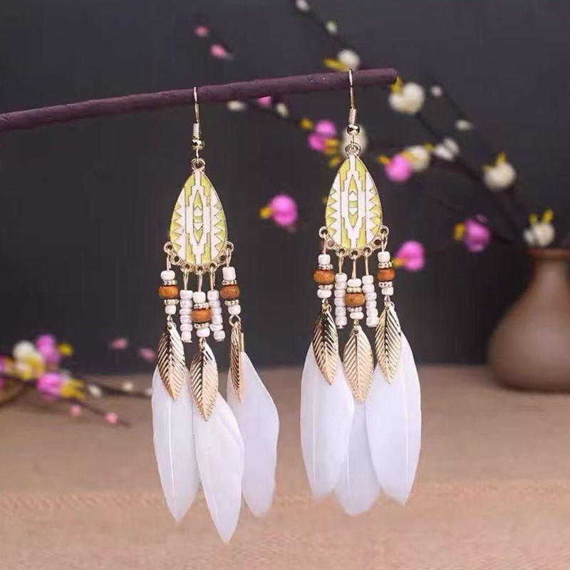 Boho Blue Feather Tassel Earrings | Ethnic Style Niche Design Jewelry