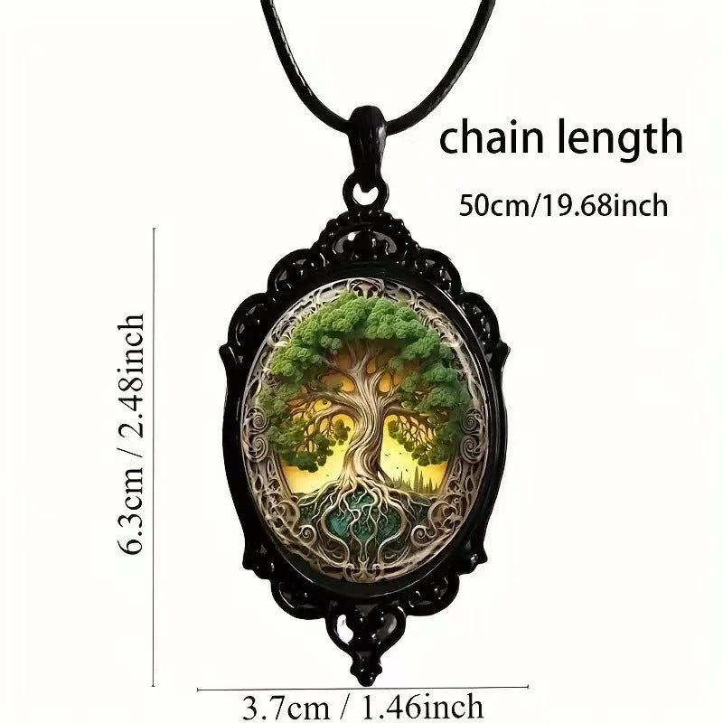 Gothic Vintage Oval Printed Pendant Necklace | Unique Design Tree of Life Dragonfly Choker