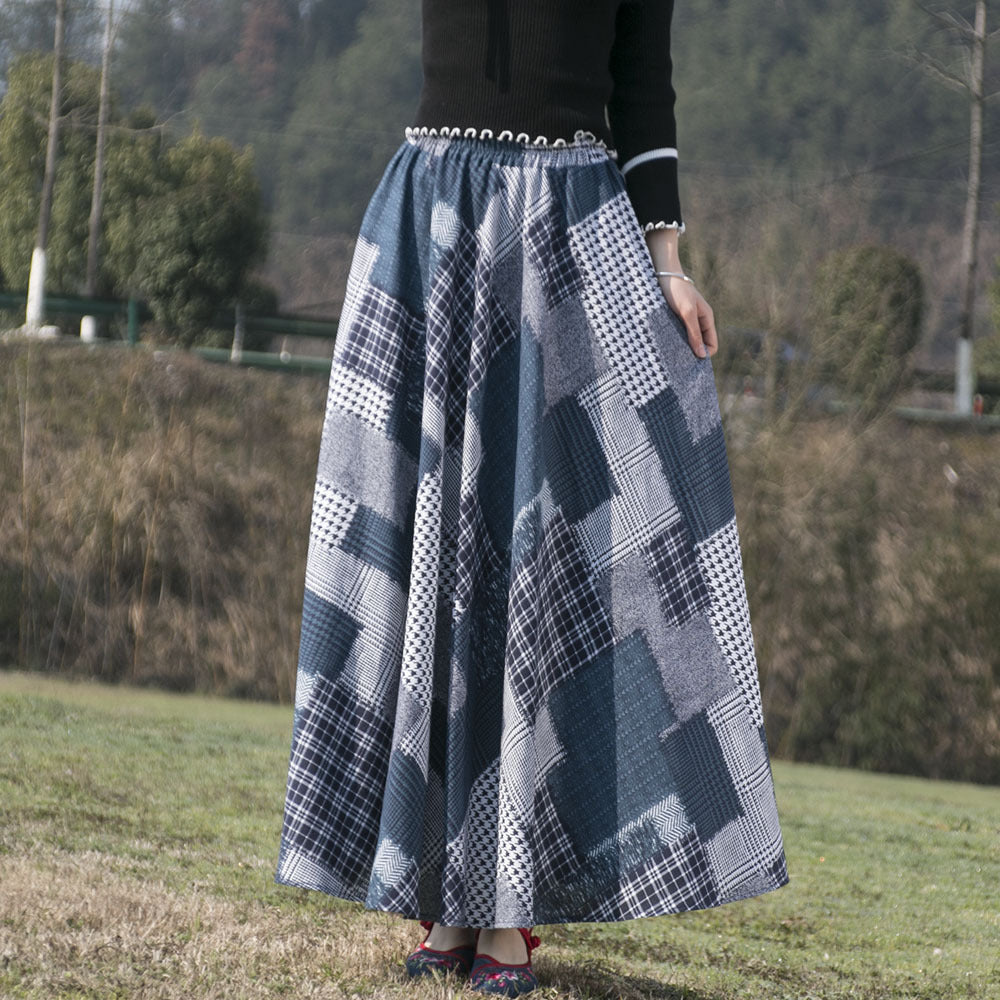 Cotton and linen printed maxi skirt | Retro ethnic style elastic waist midi skirt