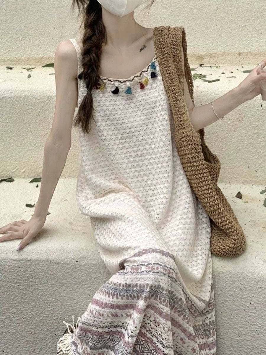 Boho Color Tassel Fringe Jacquard Cami Maxi Dress | Ethnic Style Vacation Loose Slimming Dress