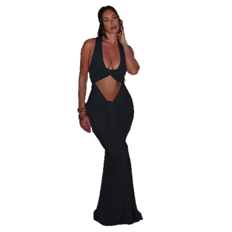 Bohemian Twisted Cutout Ruched Fringe Mermaid Maxi Dress