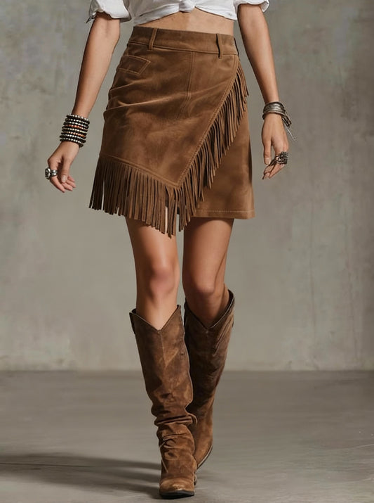 Vintage Western Style Suede Fringe Wrap High Waist Mini Skirt | Y2K Slimming A-Line Skirt