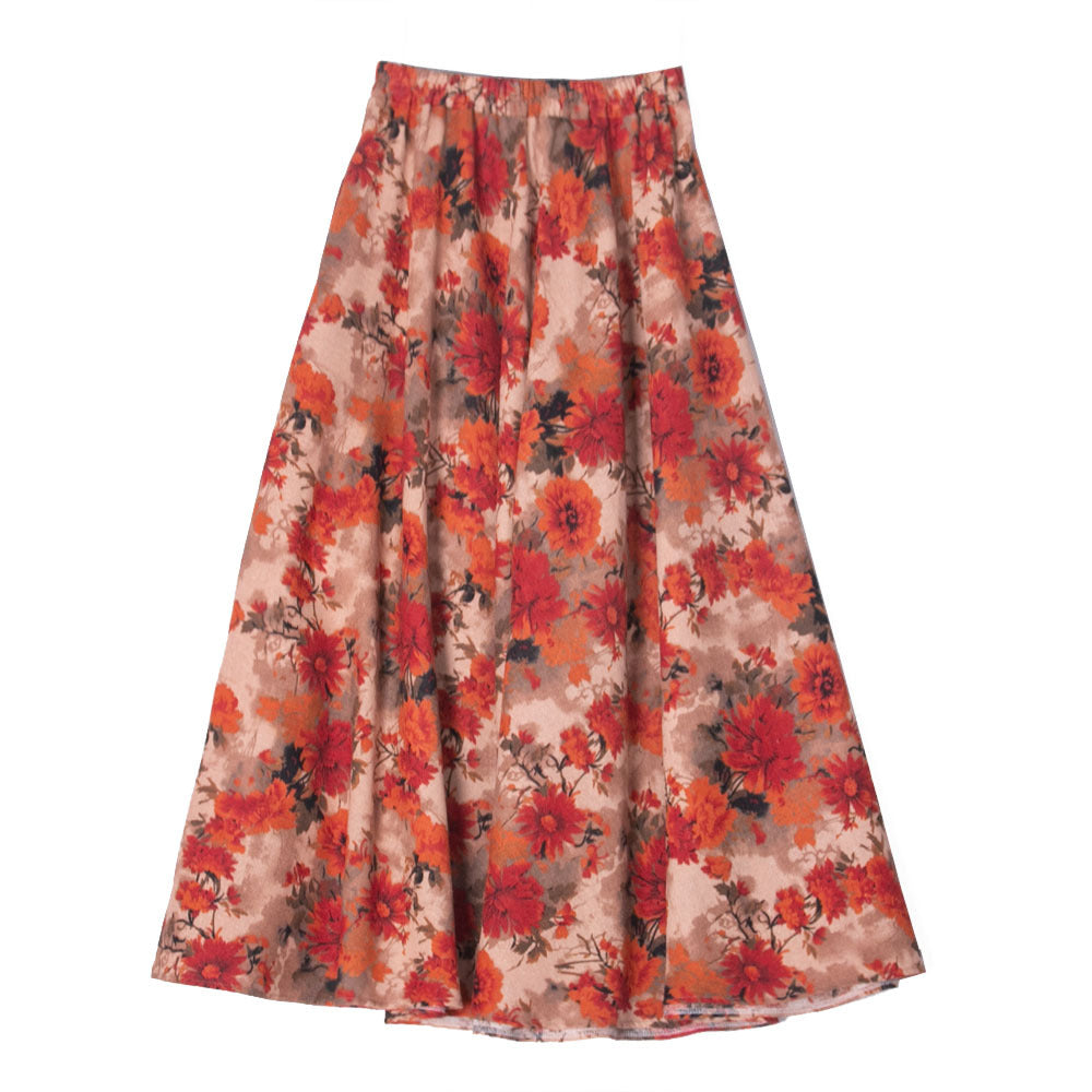 Cotton and linen printed maxi skirt | Retro ethnic style elastic waist midi skirt