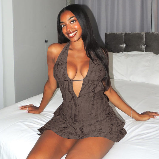 Bohemian Distressed Halter Deep-V Asymmetrical Dress Collection