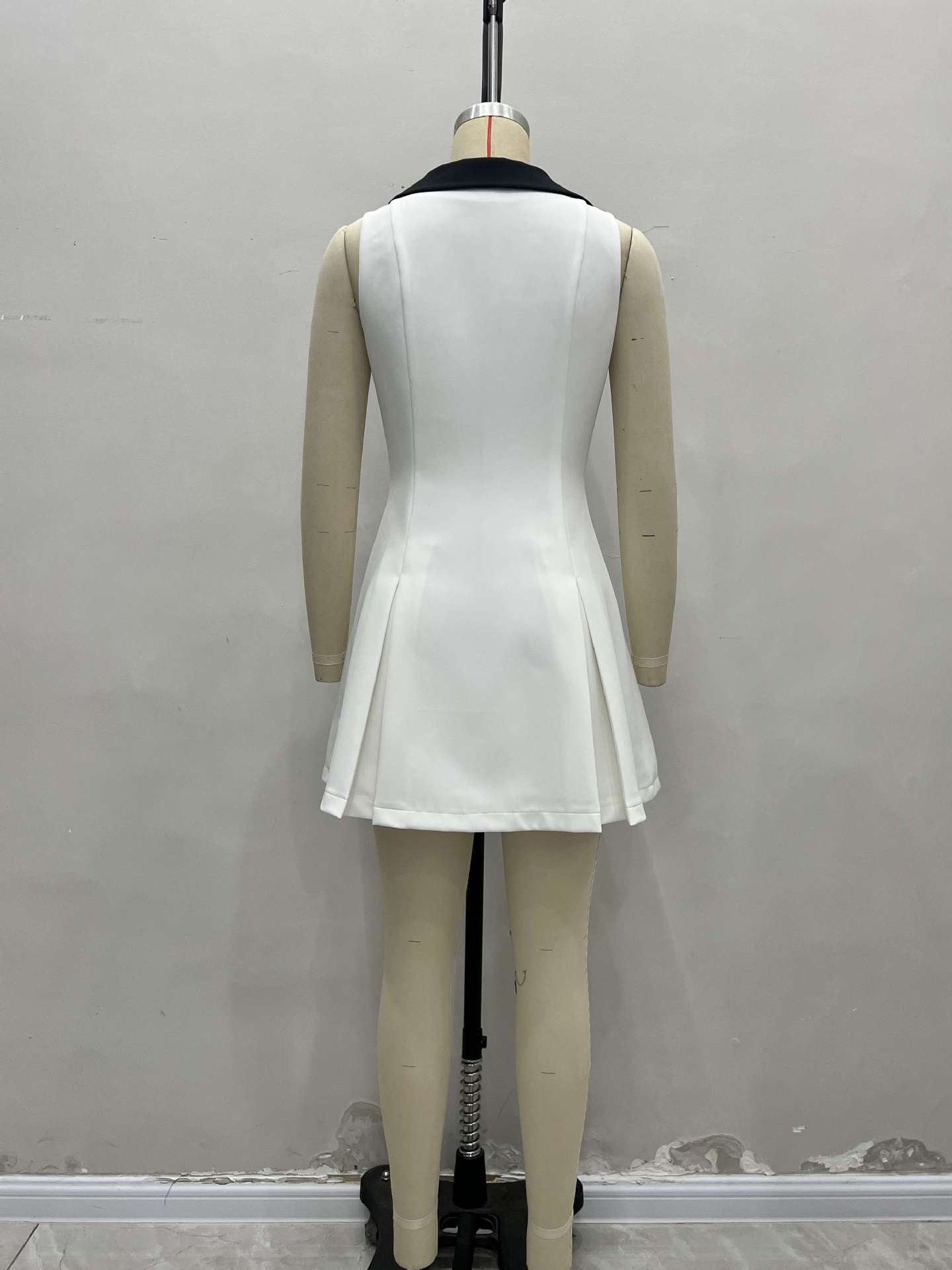 French Chanel Style Contrast Big Collar Gold Button Waist-Cinching Sleeveless Mini Dress | Elegant Luxury A-Line Dress