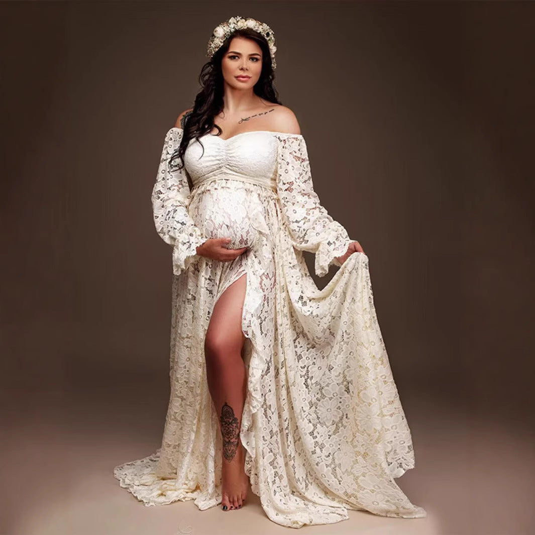 Boho Off Shoulder Lace Slit Train Maternity Photoshoot Gown