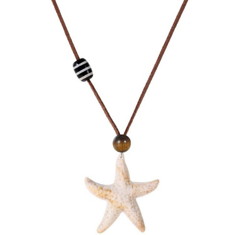 Boho Starfish Pendant Leather Cord Necklace | Vacation Beach Niche Design Jewelry