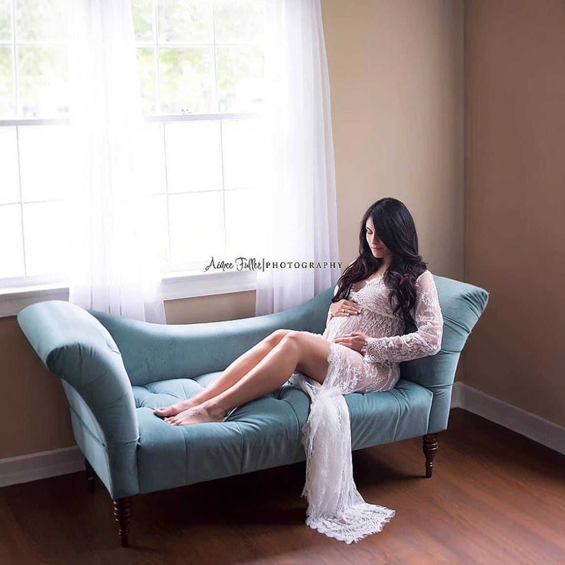 Maternity Photo Shoot Lace Sheer Open Front Maxi Robe