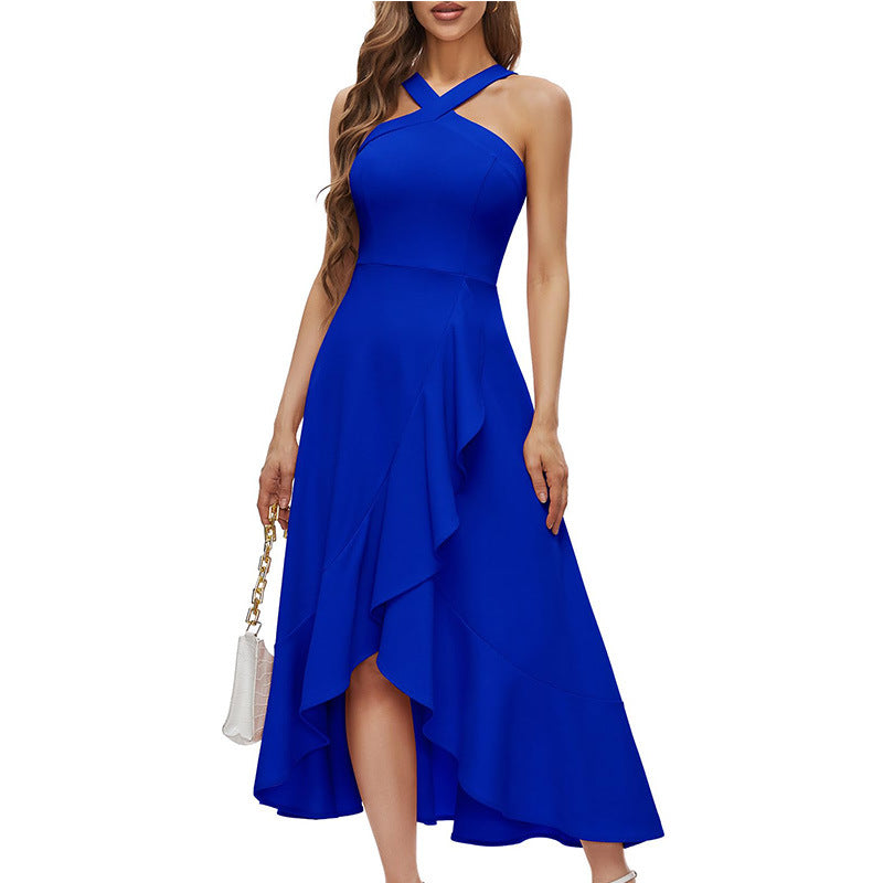 Bohemian Crisscross Halter Sleeveless Asymmetrical Ruffle Midi Dress