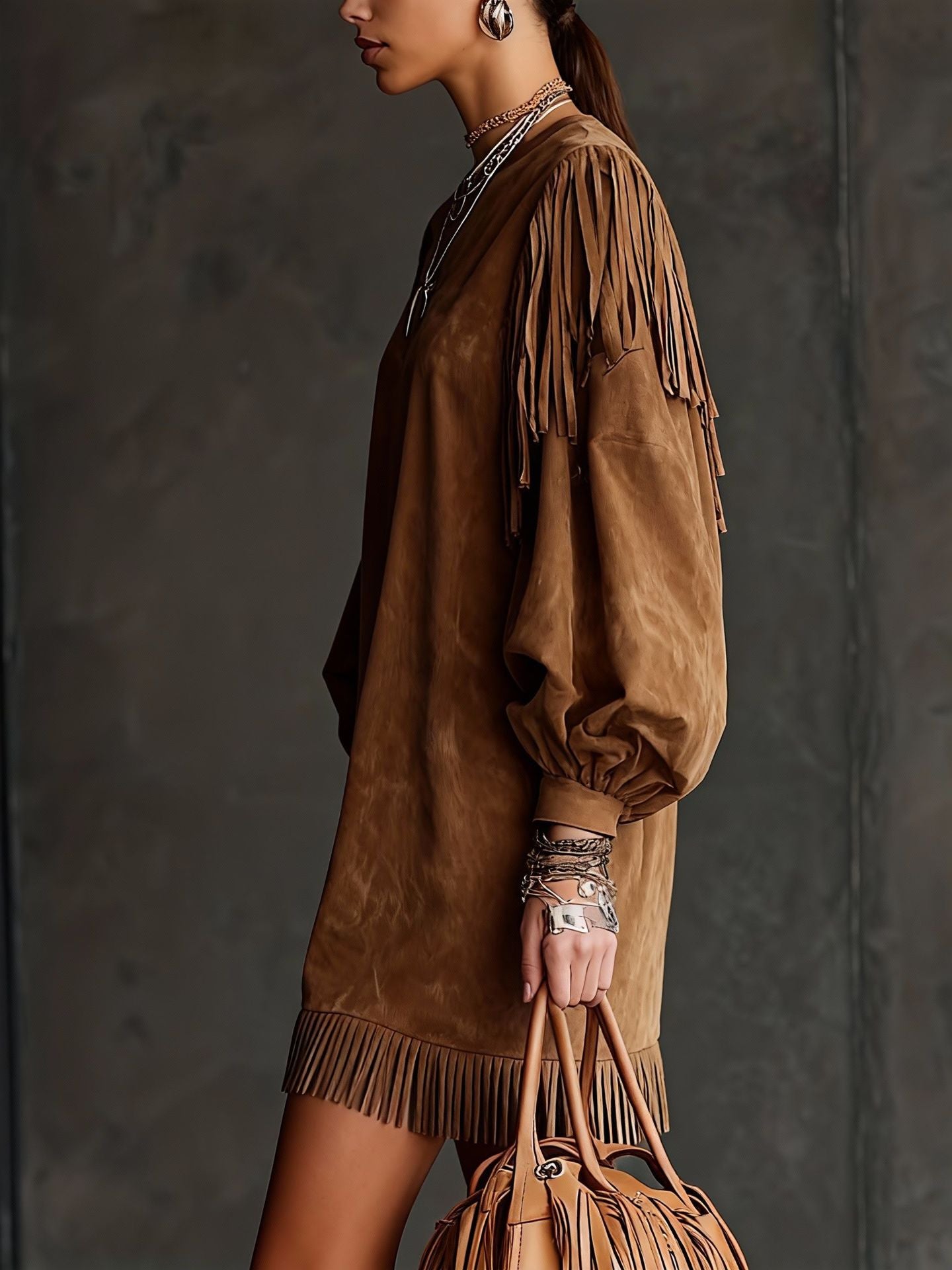 Vintage Western Style Suede Fringe Puff Sleeve Loose Mini Dress | Y2K Lazy Style A-Line Dress