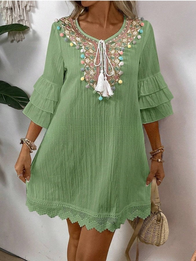 Boho Embroidered Pom Pom Tassel Ruffle Lace Mini Dress | Ethnic Style Vacation Loose A-Line Dress