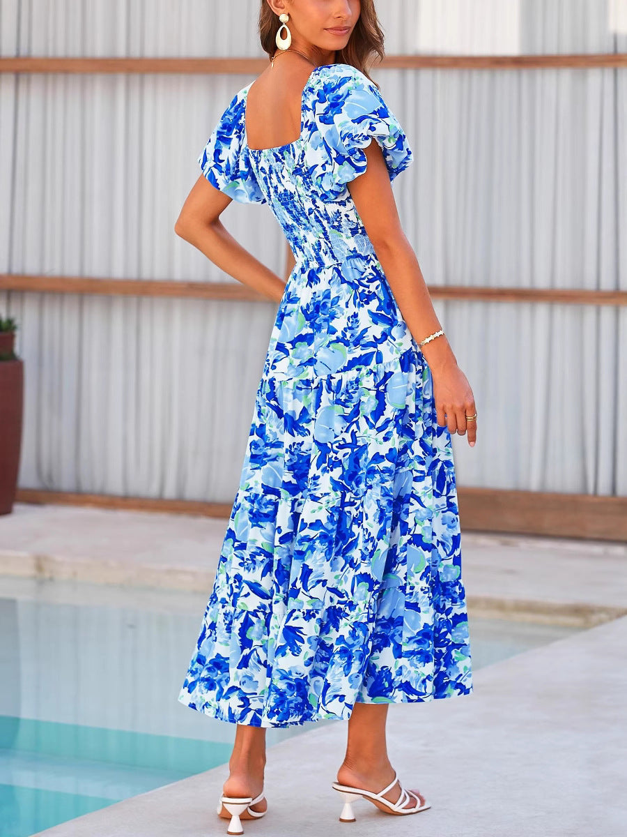 Blue & White Floral Square Neck/Off-Shoulder Puff Sleeve Tiered Midi Dress