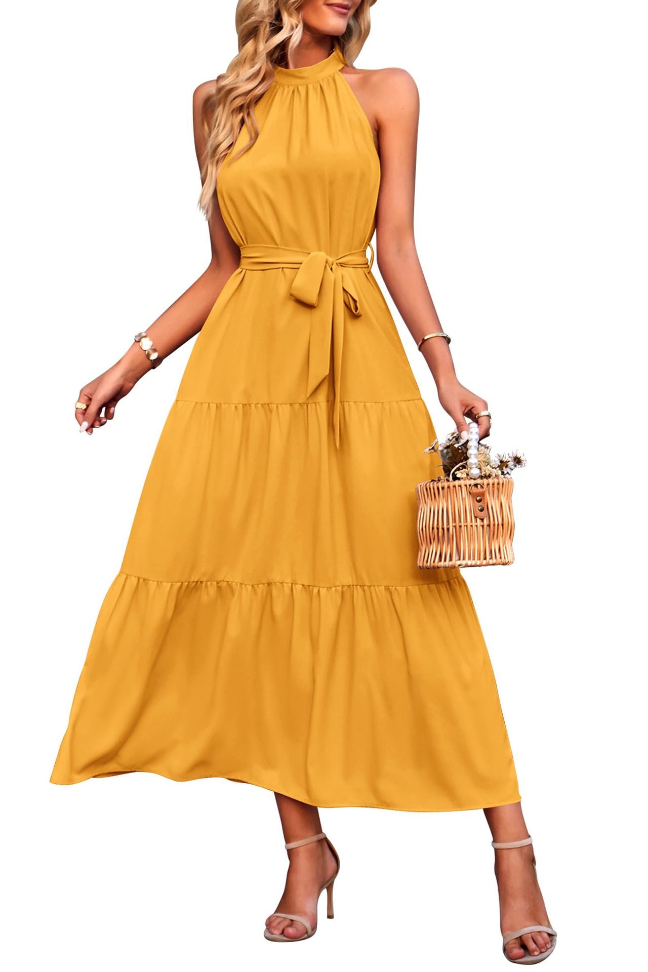 Boho Halter Neck Tiered Midi Dress