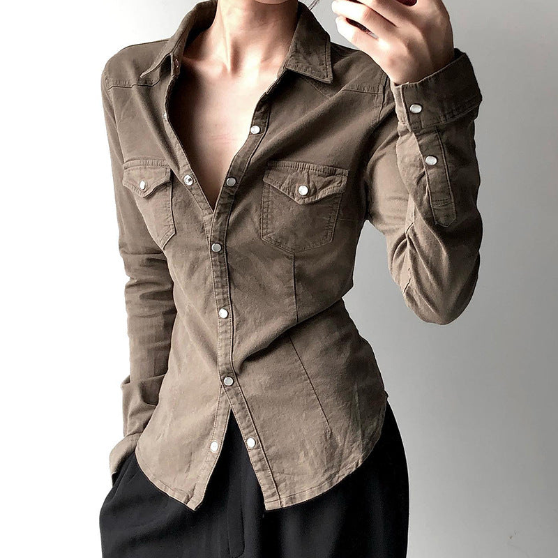 Bohemian Western Fitted Double-Pocket Long Sleeve Shirt