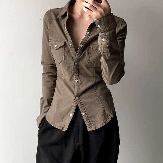 Bohemian Western Fitted Double-Pocket Long Sleeve Shirt