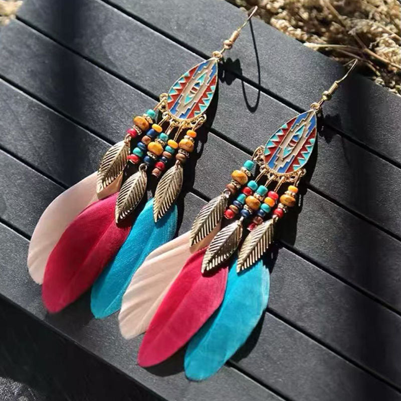 Boho Blue Feather Tassel Earrings | Ethnic Style Niche Design Jewelry