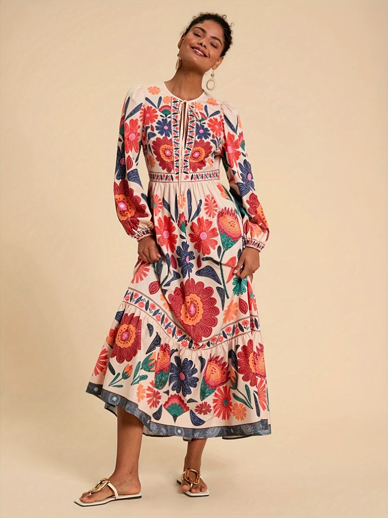 Boho Vintage Floral Print Tie-Neck Long Sleeve Maxi Dress