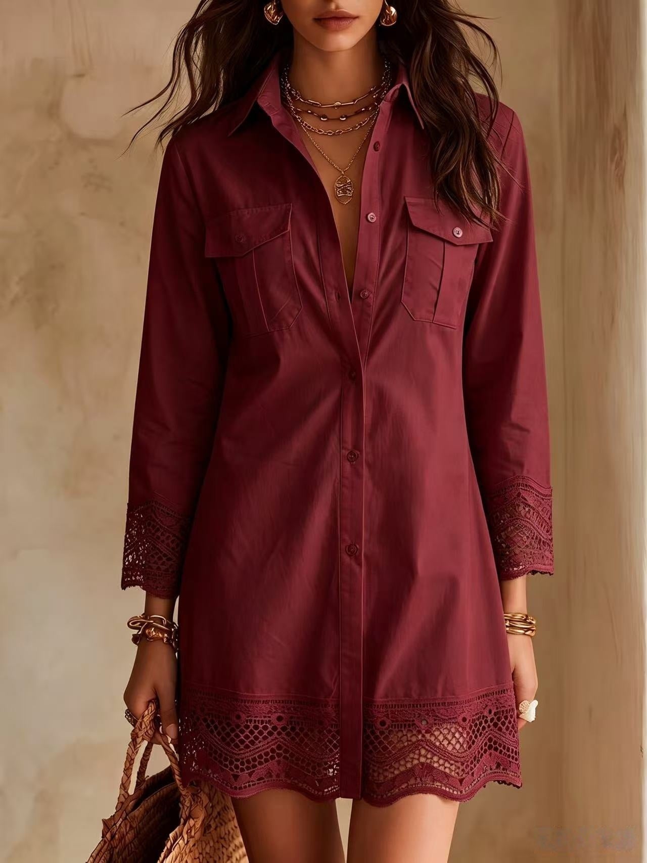 Hollow Lace Crochet Trim Pointed Collar Button-Down Long Sleeve Shirt