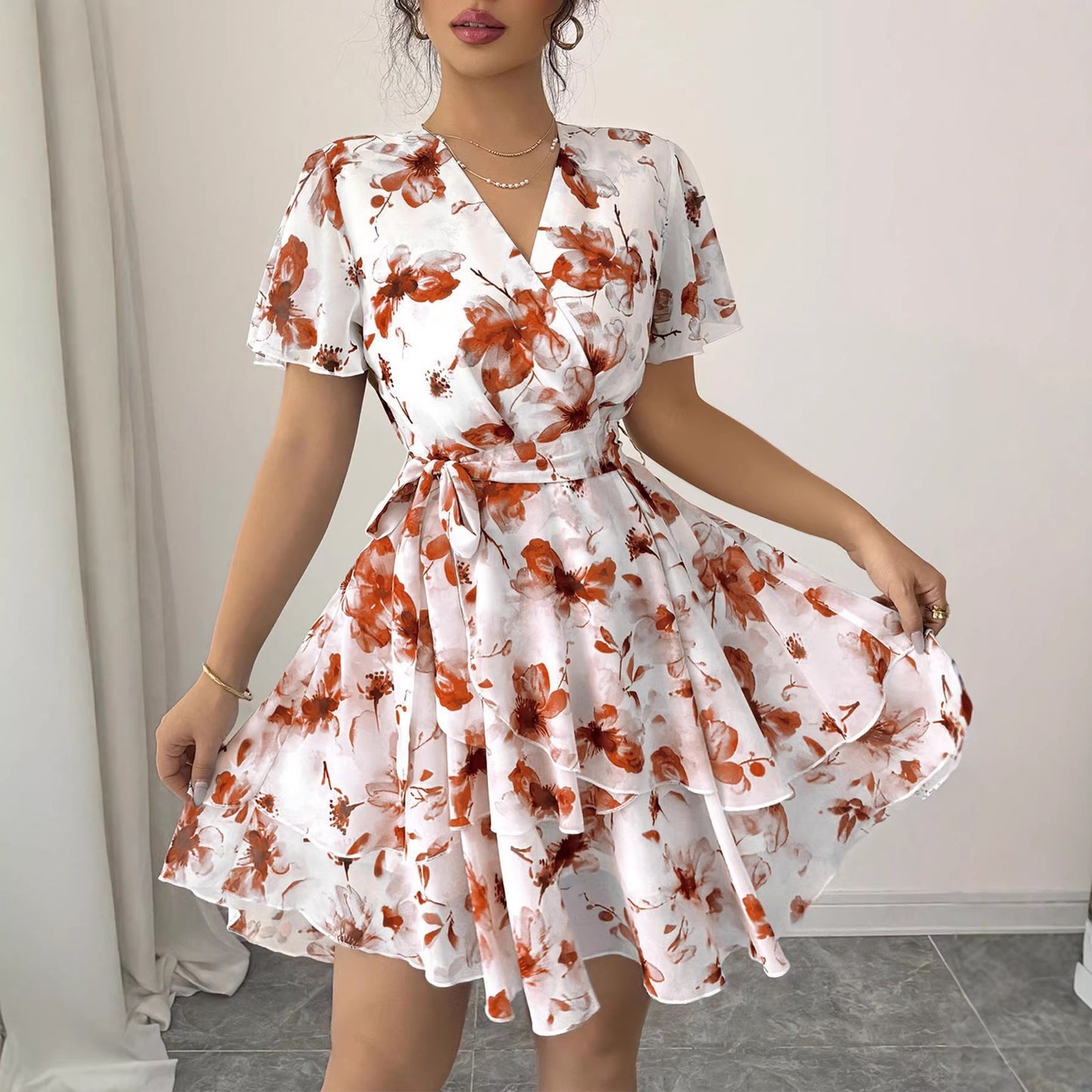 French Ink Flower V-Neck Tie Waist Double Ruffle Mini Dress | Elegant Waist-Cinching Slimming Tea Dress