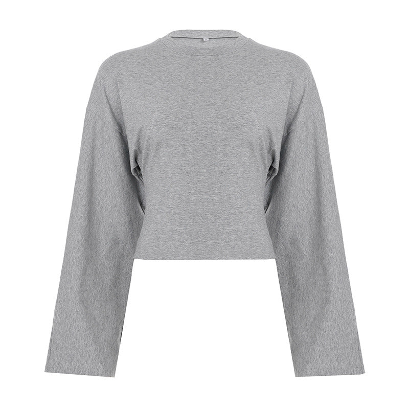 Boho-Inspired Cropped Crew Neck Long Sleeve Tee