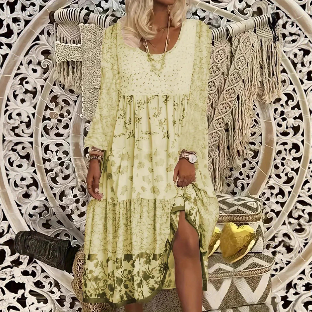Bohemian Print Patchwork Split Long Sleeve Tiered Maxi Dress