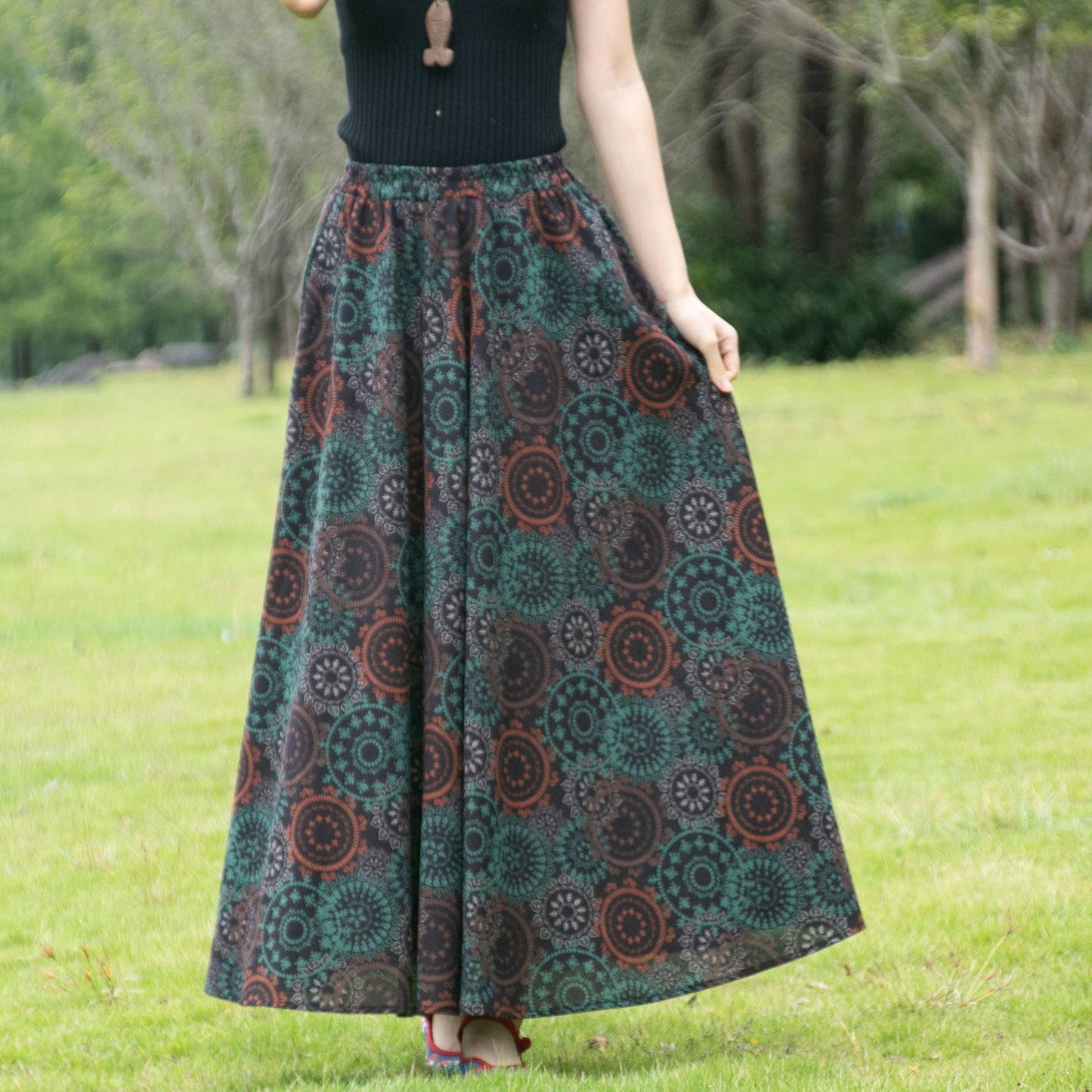 Cotton and linen printed maxi skirt | Retro ethnic style elastic waist midi skirt