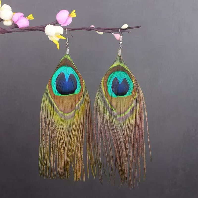 Boho Blue Feather Tassel Earrings | Ethnic Style Niche Design Jewelry