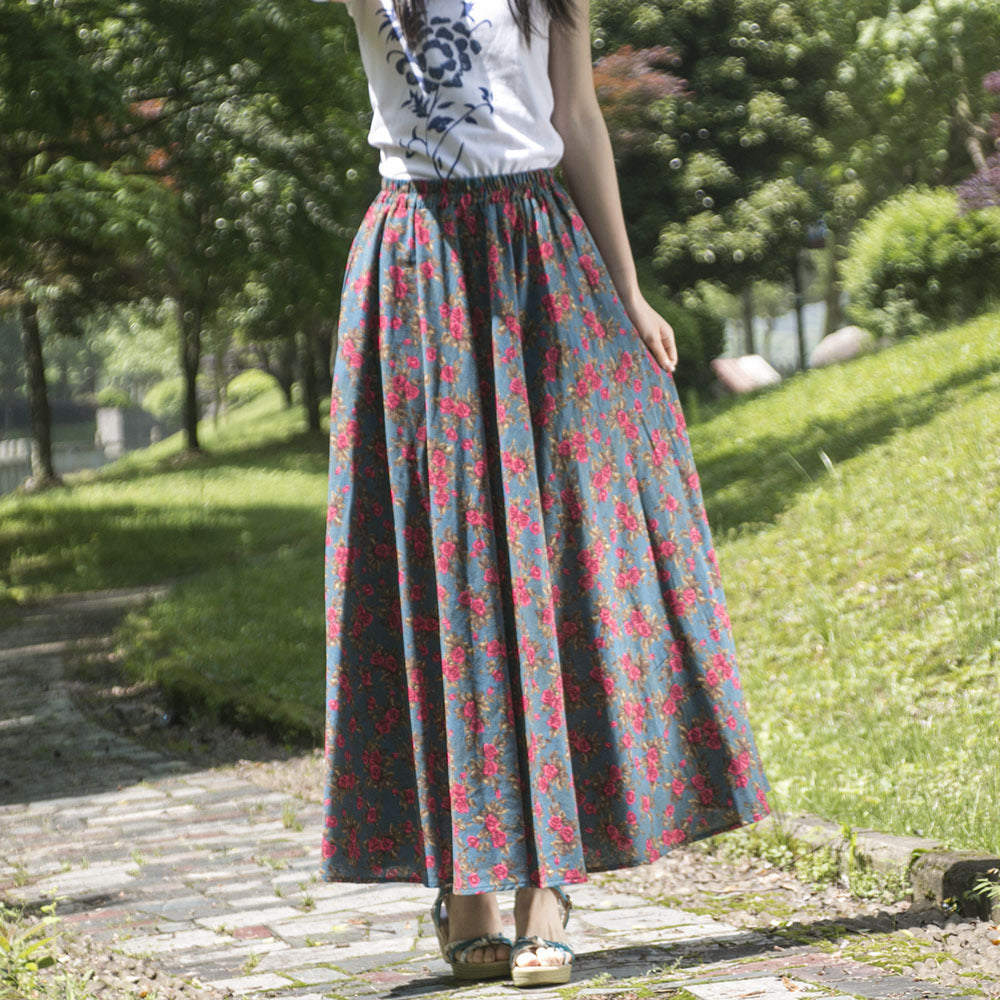 Cotton and linen printed maxi skirt | Retro ethnic style elastic waist midi skirt