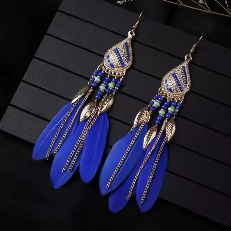 Boho Blue Feather Tassel Earrings | Ethnic Style Niche Design Jewelry