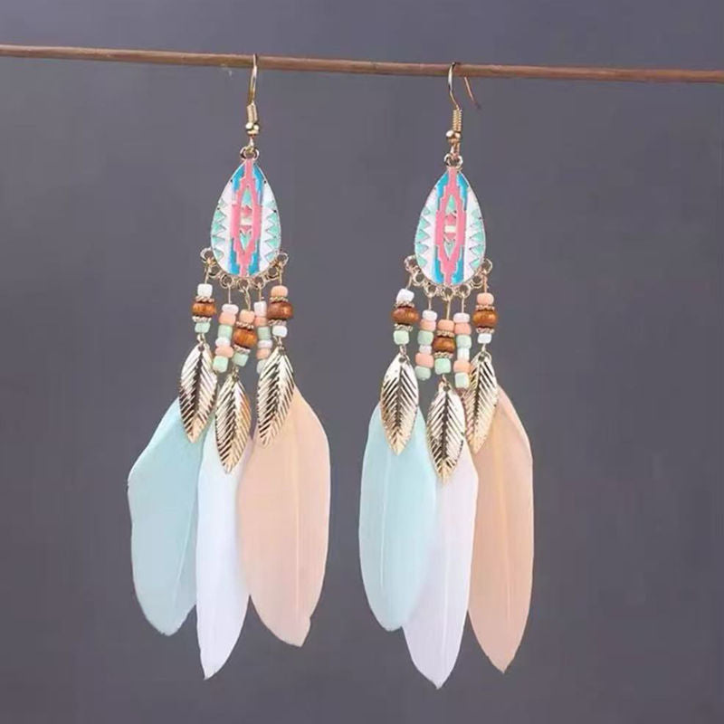 Boho Blue Feather Tassel Earrings | Ethnic Style Niche Design Jewelry