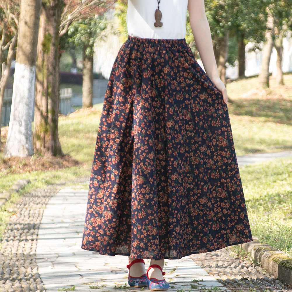 Cotton and linen printed maxi skirt | Retro ethnic style elastic waist midi skirt