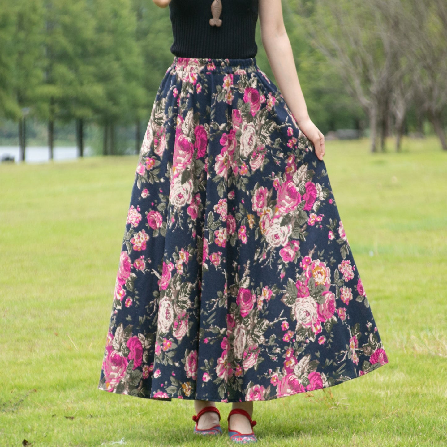 Cotton and linen printed maxi skirt | Retro ethnic style elastic waist midi skirt