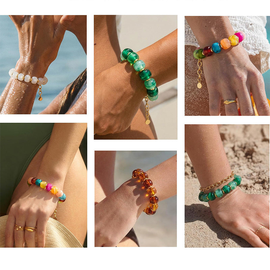 Vintage Resin Barrel Beaded Bracelet | Luxury Niche Design Versatile Jewelry