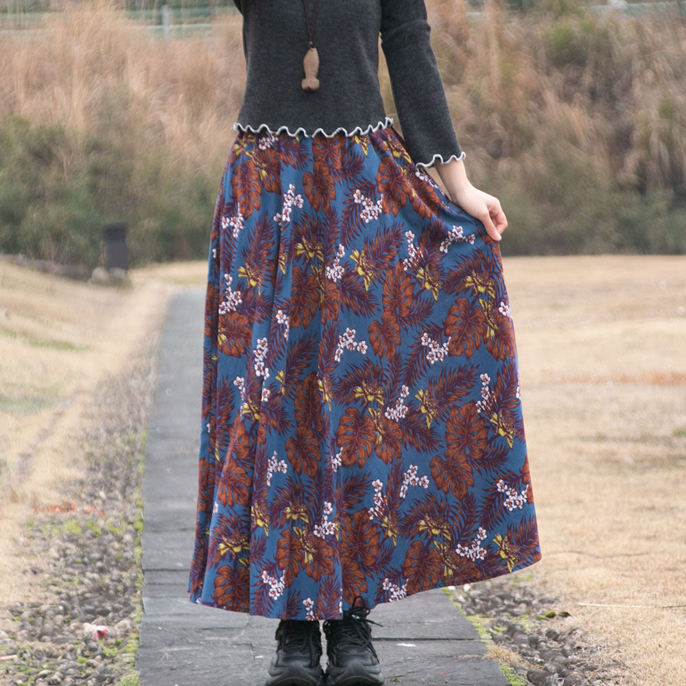 Cotton and linen printed maxi skirt | Retro ethnic style elastic waist midi skirt