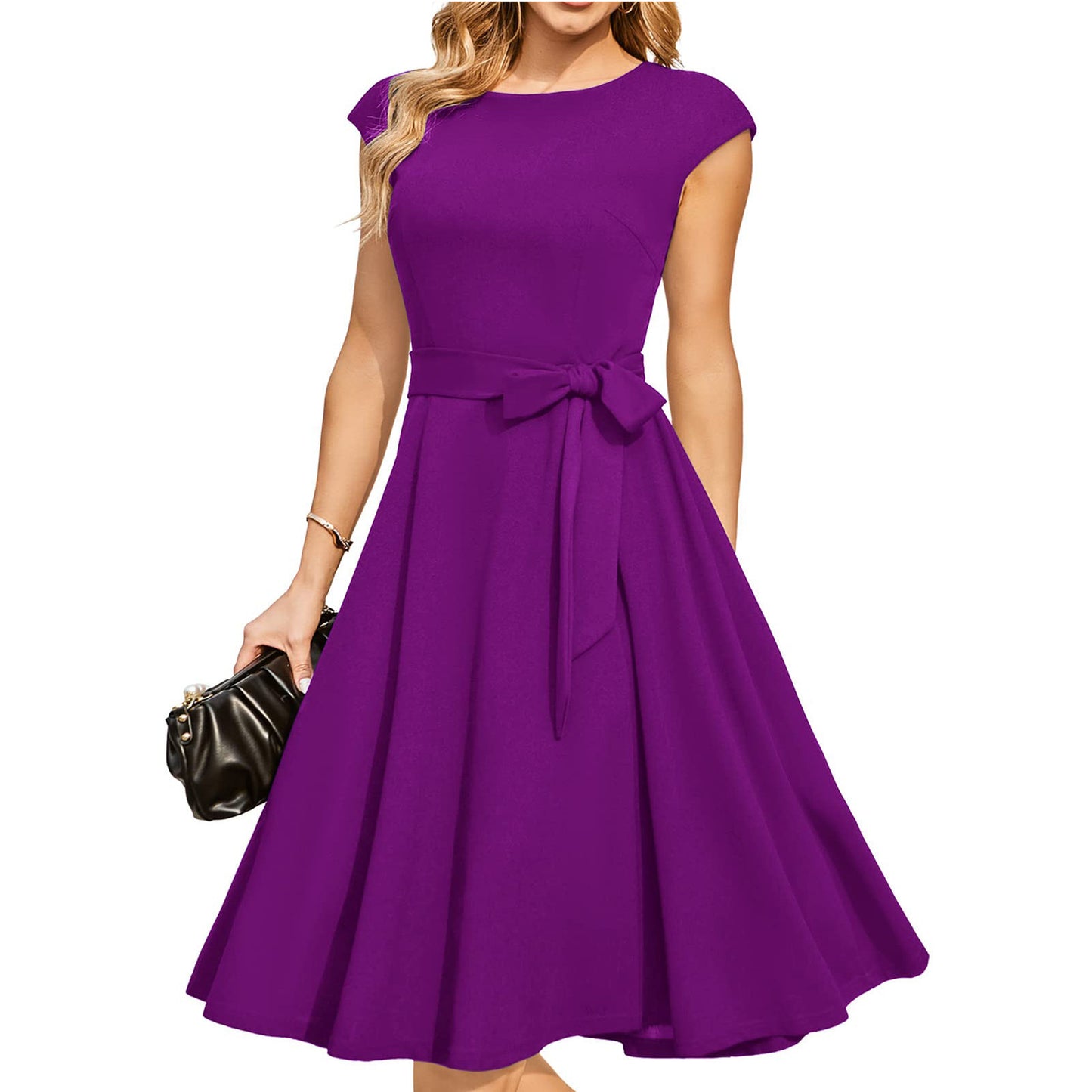 Bohemian Solid Color Round Neck Cap Sleeve Belted A-Line Midi Dress