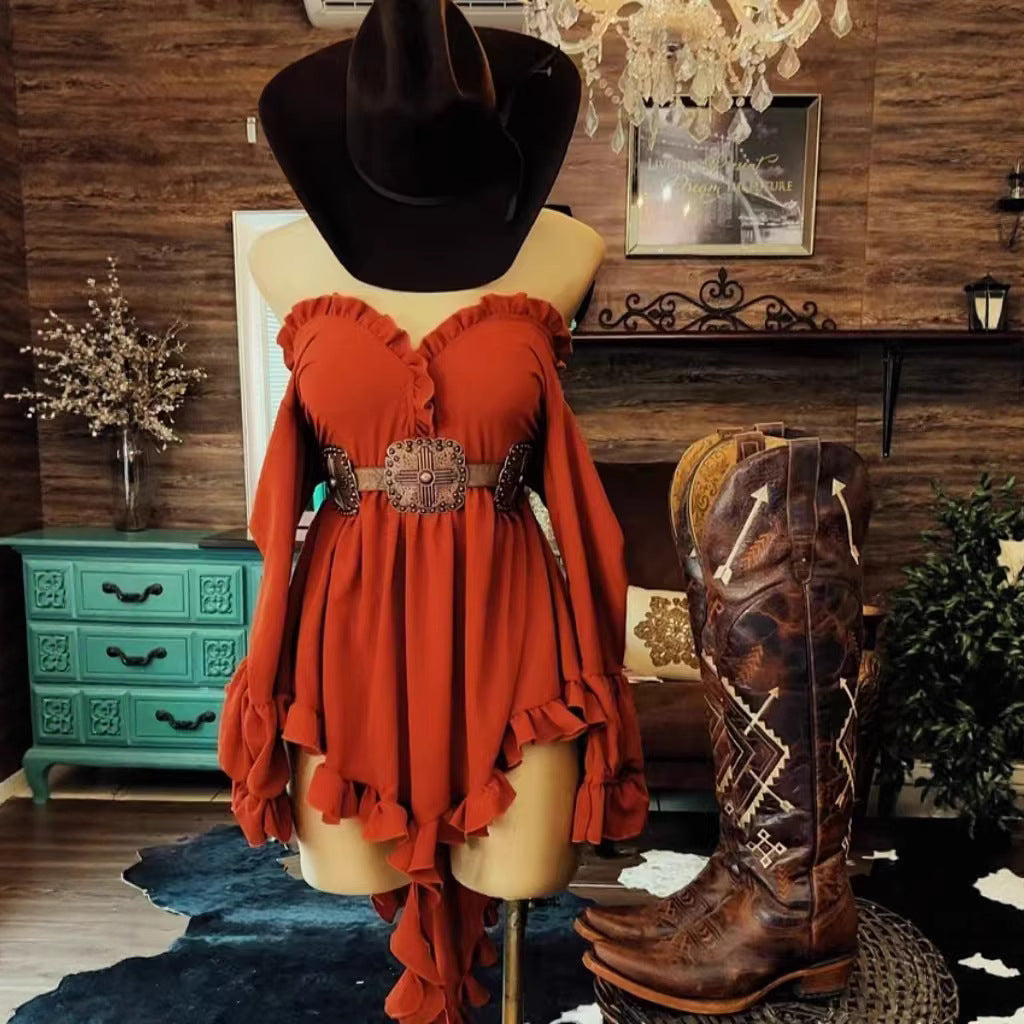 French Orange Red Halter Off Shoulder Ruffle Waist-Cinching Asymmetrical Mini Dress | Sweet Y2K Slimming A-Line Dress