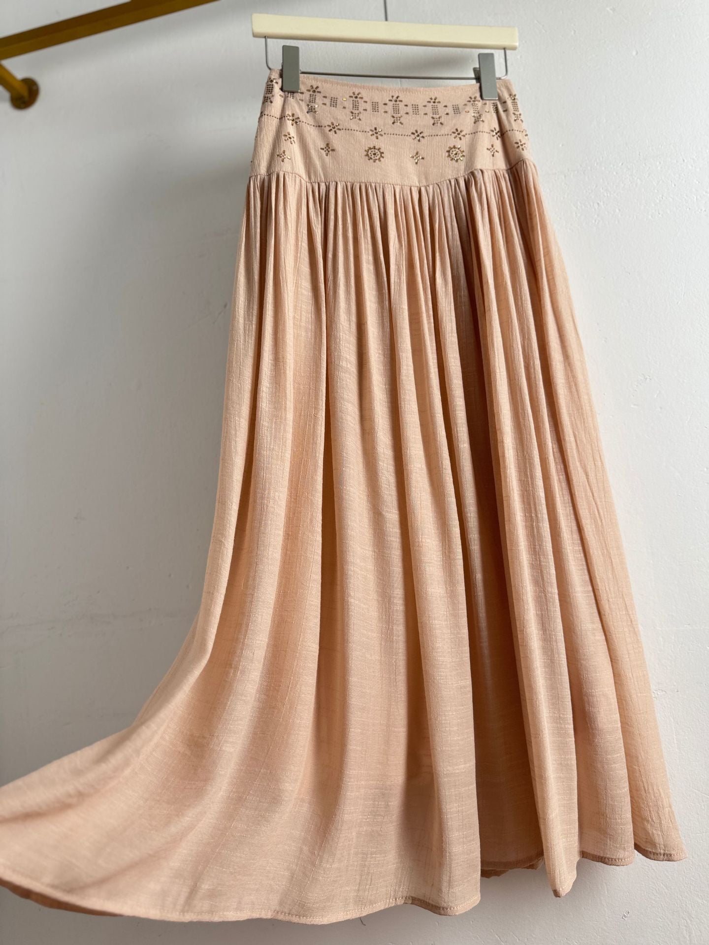 Boho High Waist Gold Embroidery Flare Maxi Skirt | Retro Vacation Drape A-Line Skirt