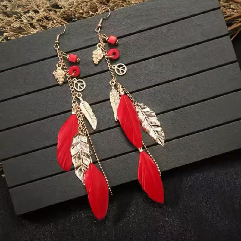 Boho Blue Feather Tassel Earrings | Ethnic Style Niche Design Jewelry
