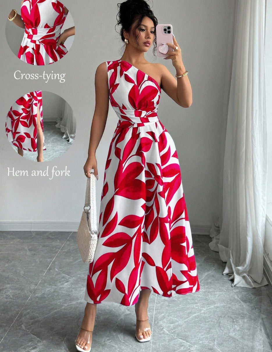 French One Shoulder Leaf Print Waist-Cinching Slit Maxi Dress | Vacation Style Elegant Slimming Tea Dress