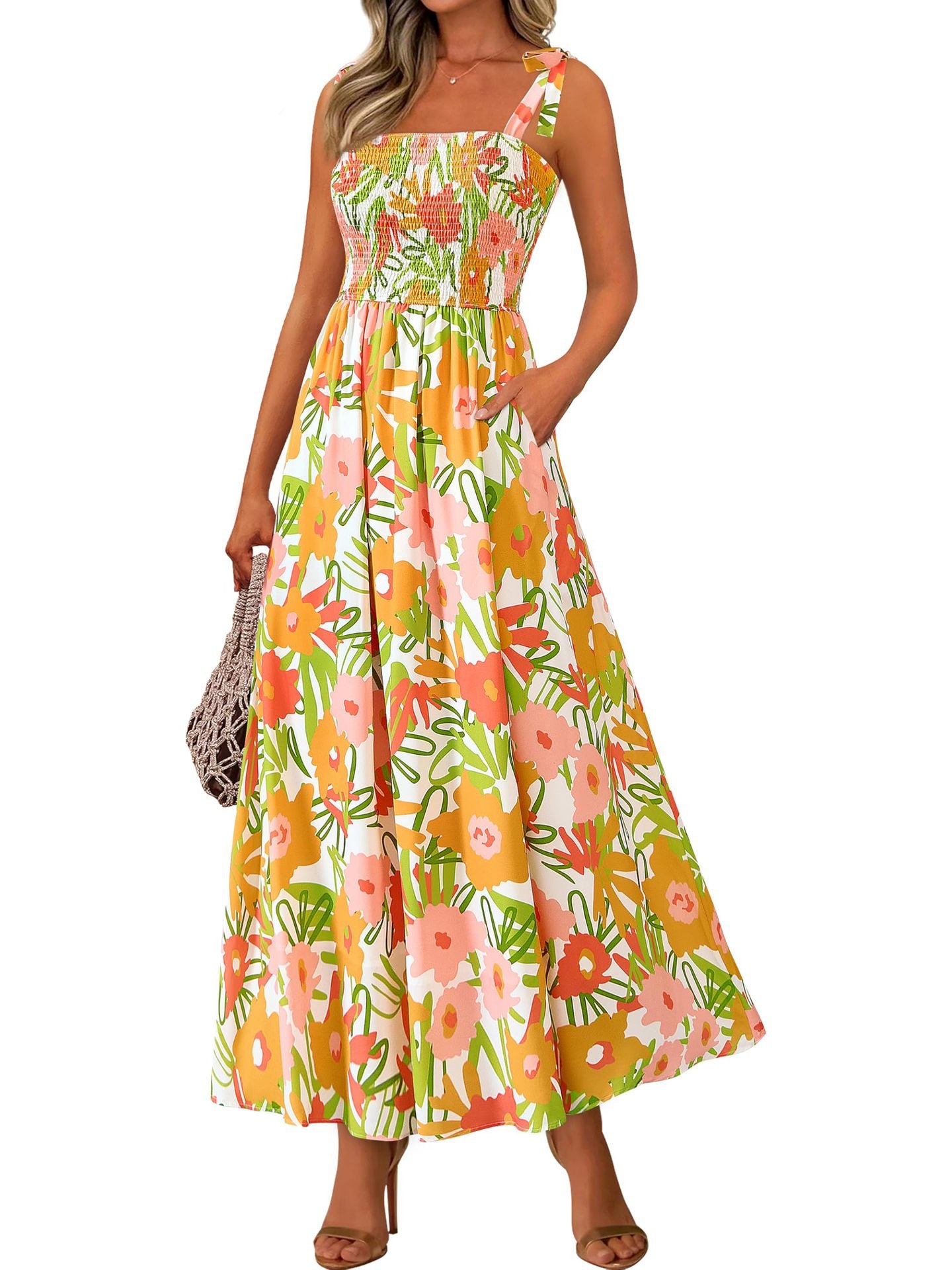 Multi-Color Boho Print Tie-Strap Cami Maxi Dress