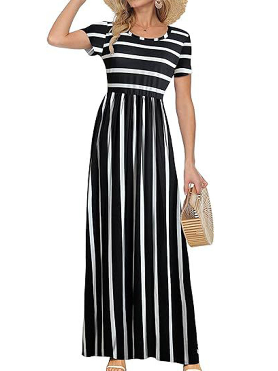 Multi-Color Round Neck Short Sleeve Waisted Maxi Dress